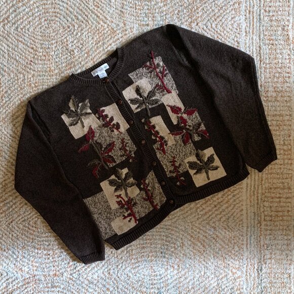 VTG Dress Barn Brown Cardigan Sweater Embroidered Floral Crewneck Grandpa Size L - Picture 10 of 12